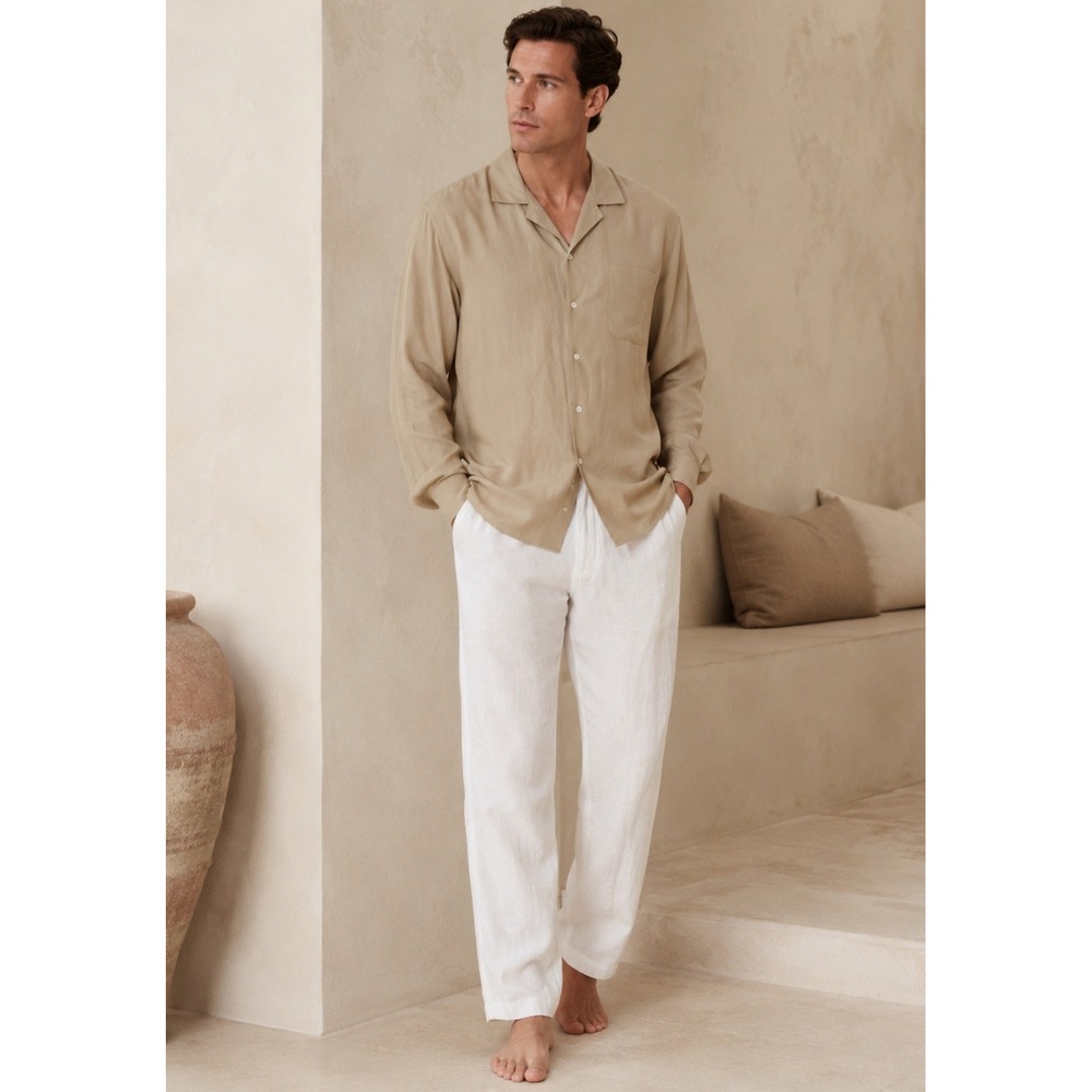 Vintage Polo Ralph Lauren Mens Silk Cotton Linen Classic Camp Shirt Tan Large